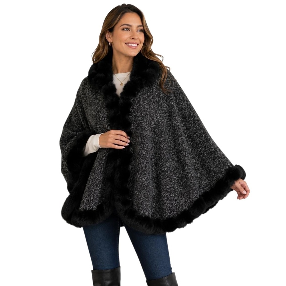 Nine West Womens Faux Fur Trim Cape One Size Wrap Old Money Black Gray NWT